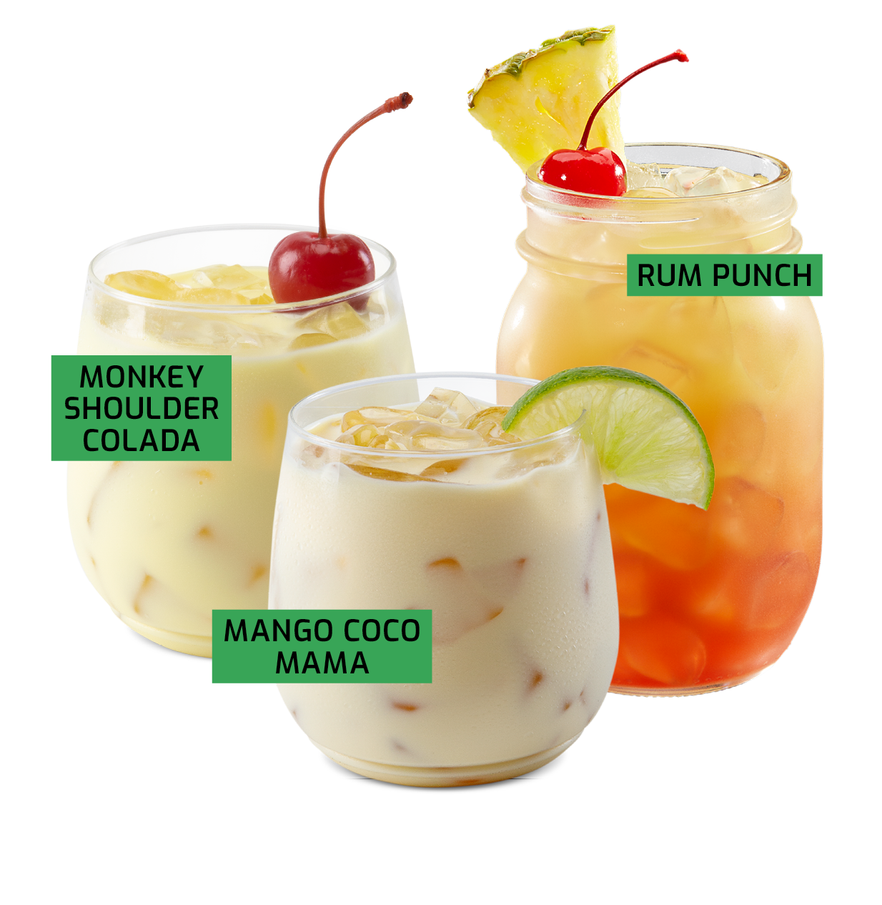 picture of monkey shoulder colada, mango coco mama and rum punch